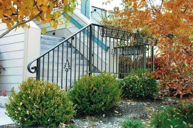 Black wrought iron railing and gate alongside steps leading up to a home with bushes and fall foliage.