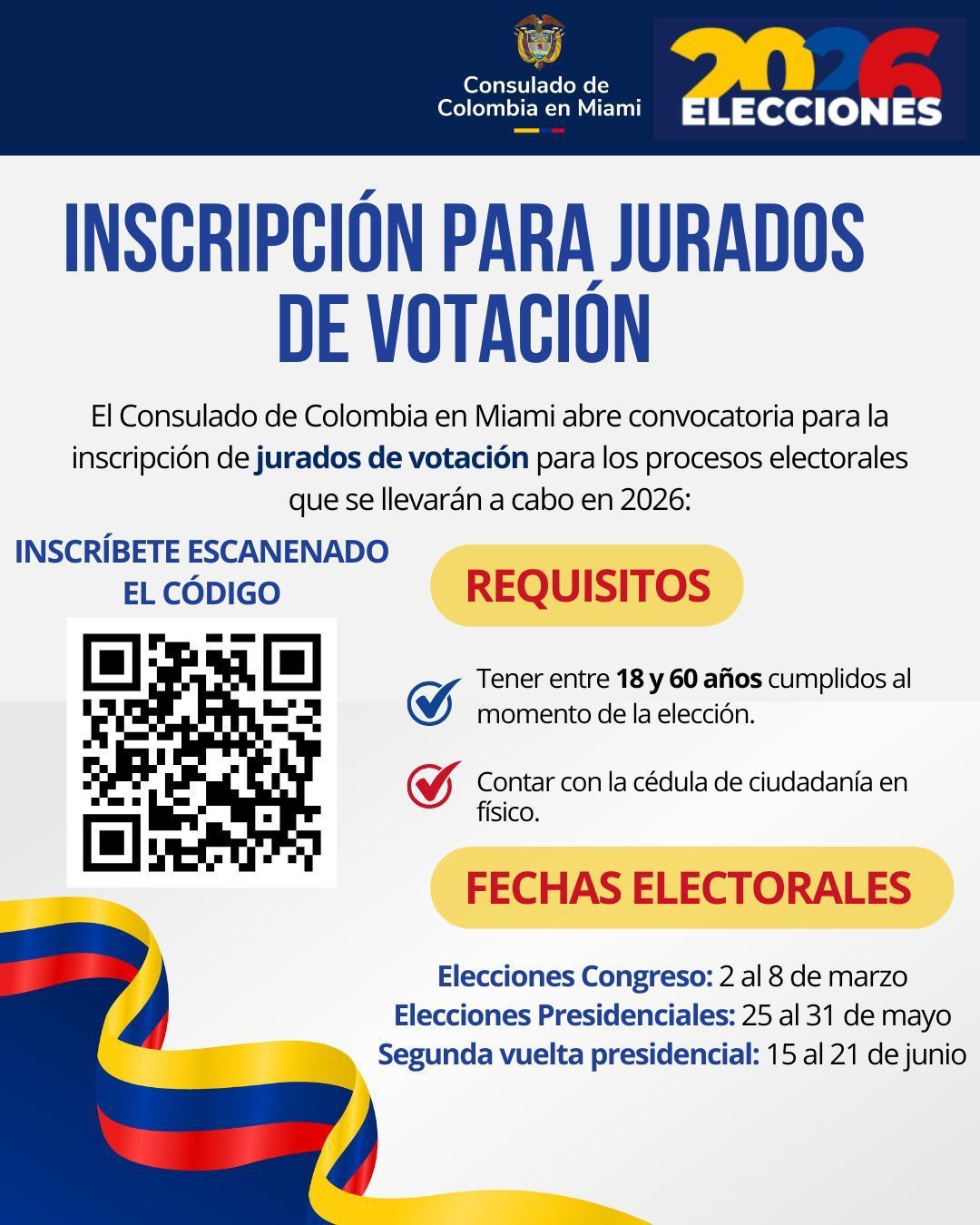 Afiche azul y blanco de inscripción para jurados de votación de Colombia en Miami con código QR y fechas electorales