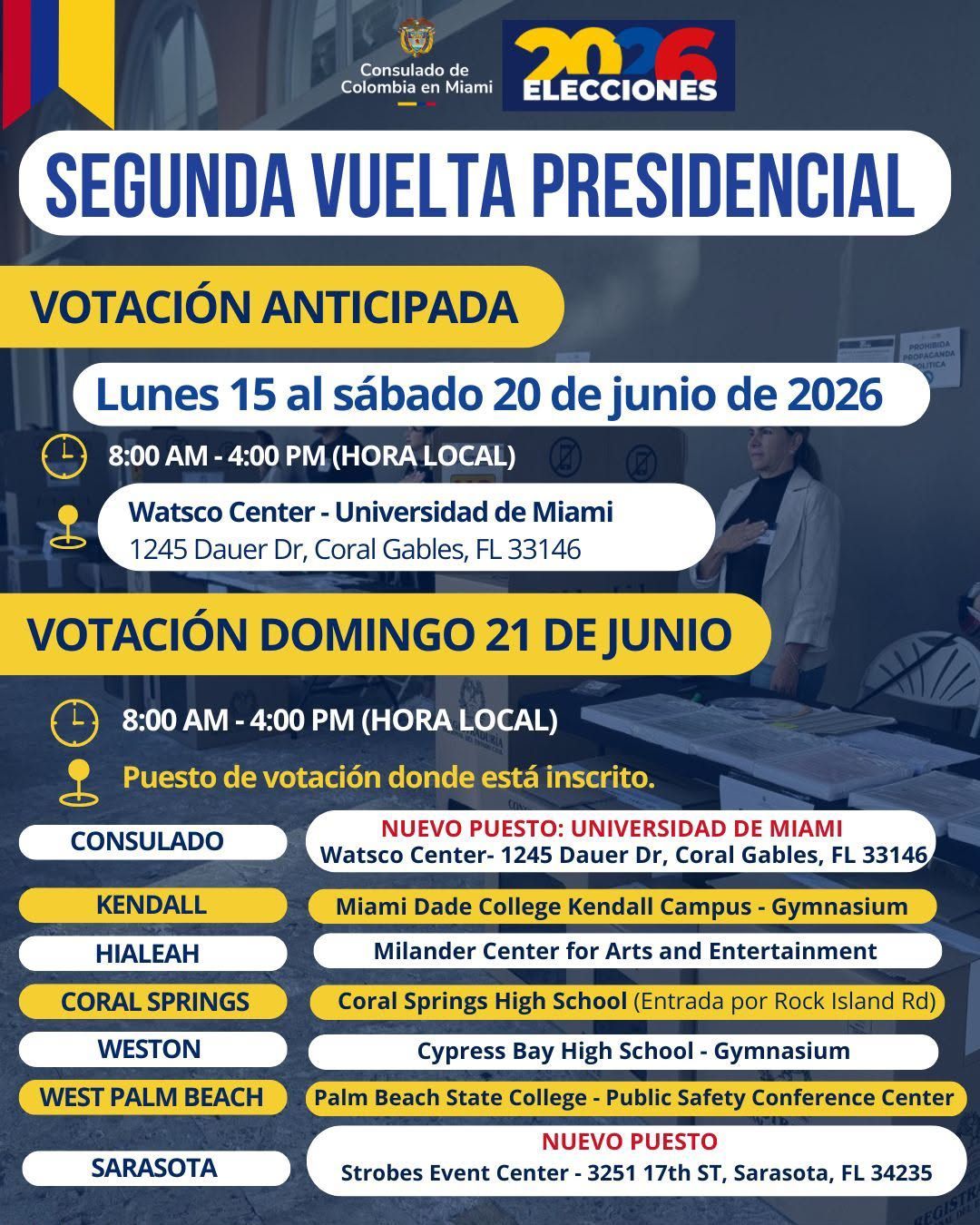 Afiche azul y blanco de inscripción para jurados de votación de Colombia en Miami con código QR y fechas electorales