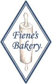 Logo for Fiene's Bakery: rolling pin inside a blue diamond, blue text reads "Fiene's Bakery."