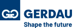 Gerdau logo: blue square with white "G" logo, "GERDAU" text, and "Shape the future" tagline, all in blue.