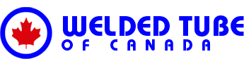 Logo of Welded Tube Of Canada, featuring a red maple leaf within a blue circle. Blue text.