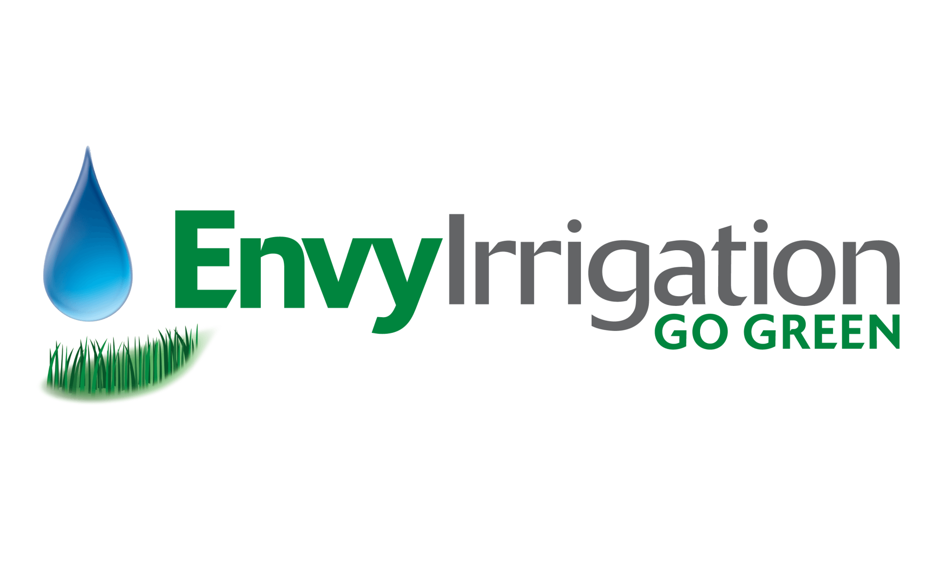 A logo for envy irrigation go green with a drop of water and grass.
