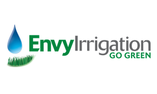 A logo for envy irrigation go green with a drop of water and grass.