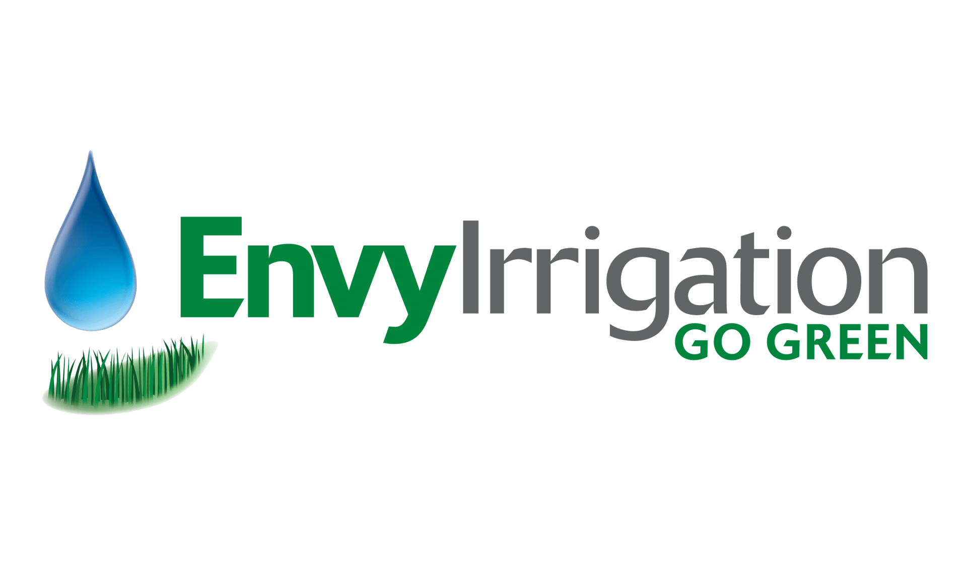 A logo for envy irrigation go green with a drop of water and grass.