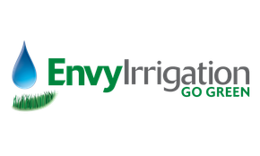 A logo for envy irrigation go green with a drop of water and grass.
