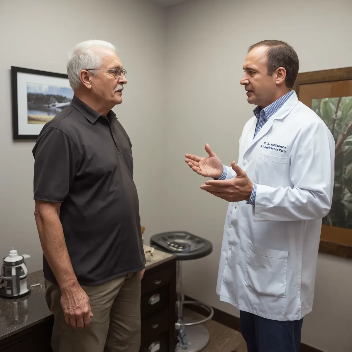 Doctor in white coat talking with a man in a clinic office