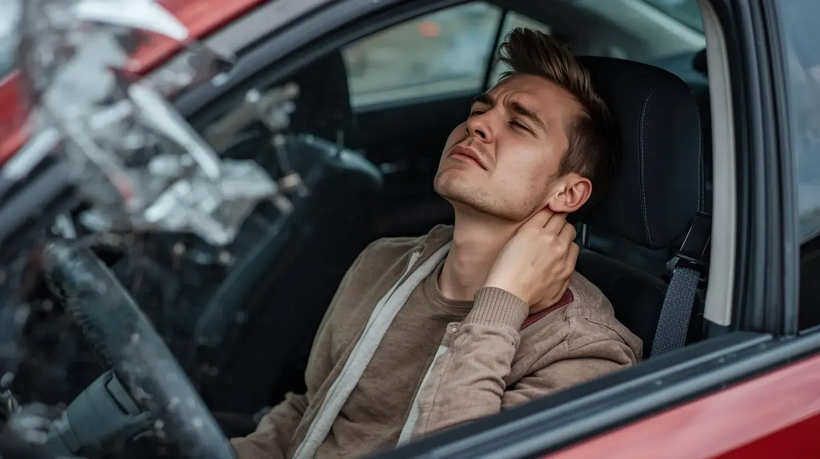 Injured driver in a crashed red car, clutching his neck with shattered windshield visible