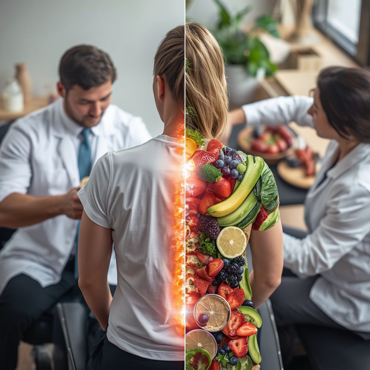 Health consultation with a woman shown beside a split view of unhealthy and fresh food choices