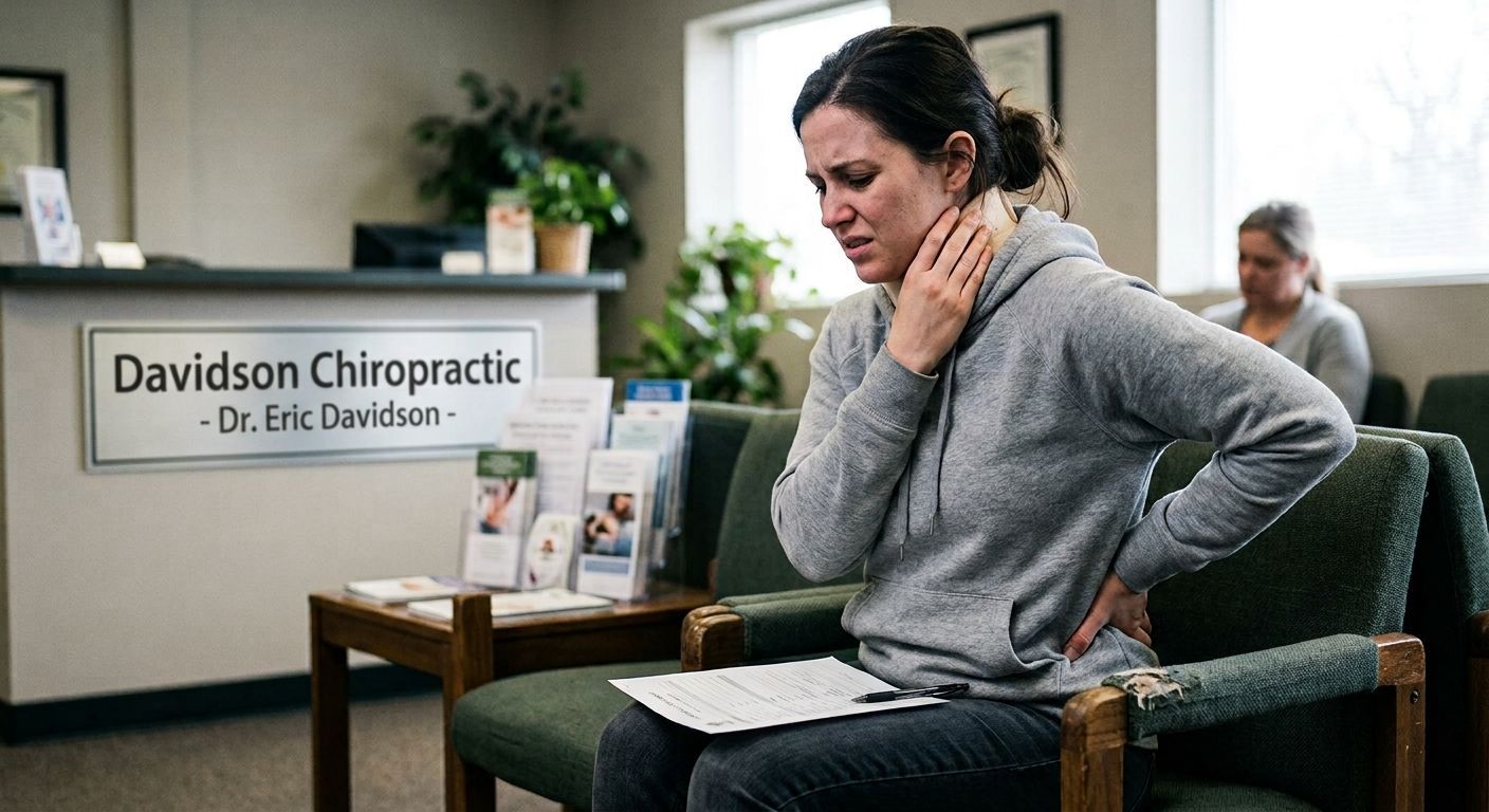 Woman holding her neck in a chiropractic waiting room with a Davidson Chiropractic sign nearby