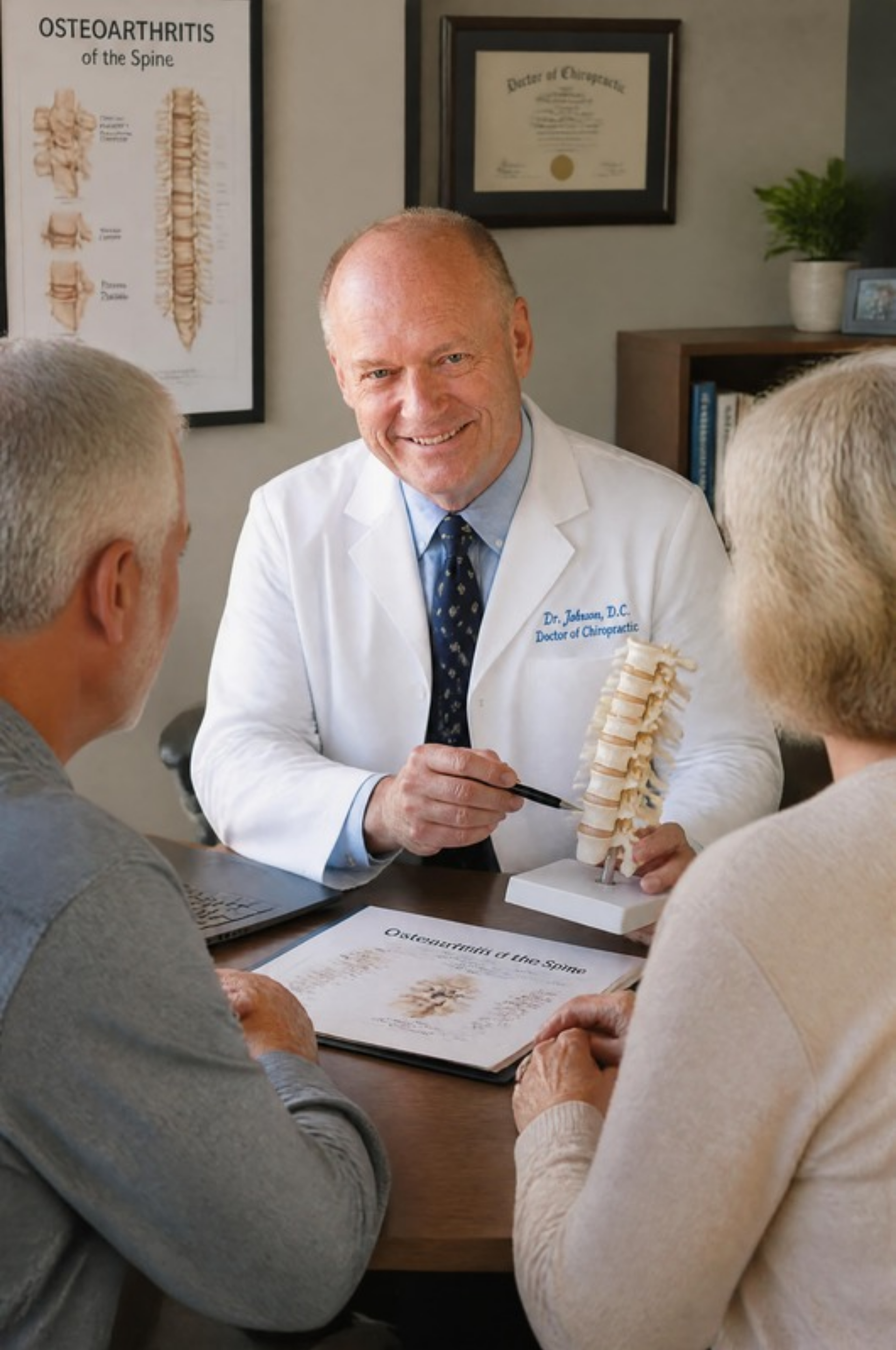 Chiropractor consulting with two patients in his office, pointing to a spine model and chart.