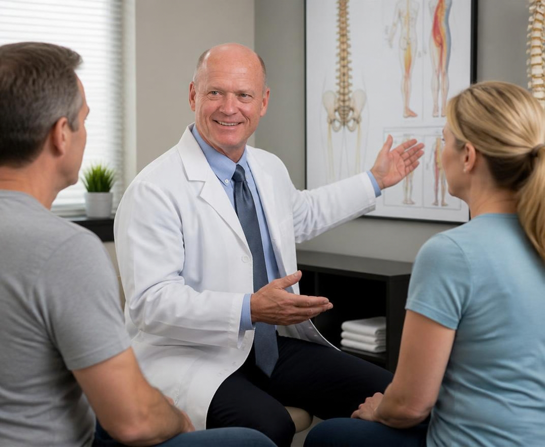 Doctor explaining spine x-rays to two seated patients in a clinic