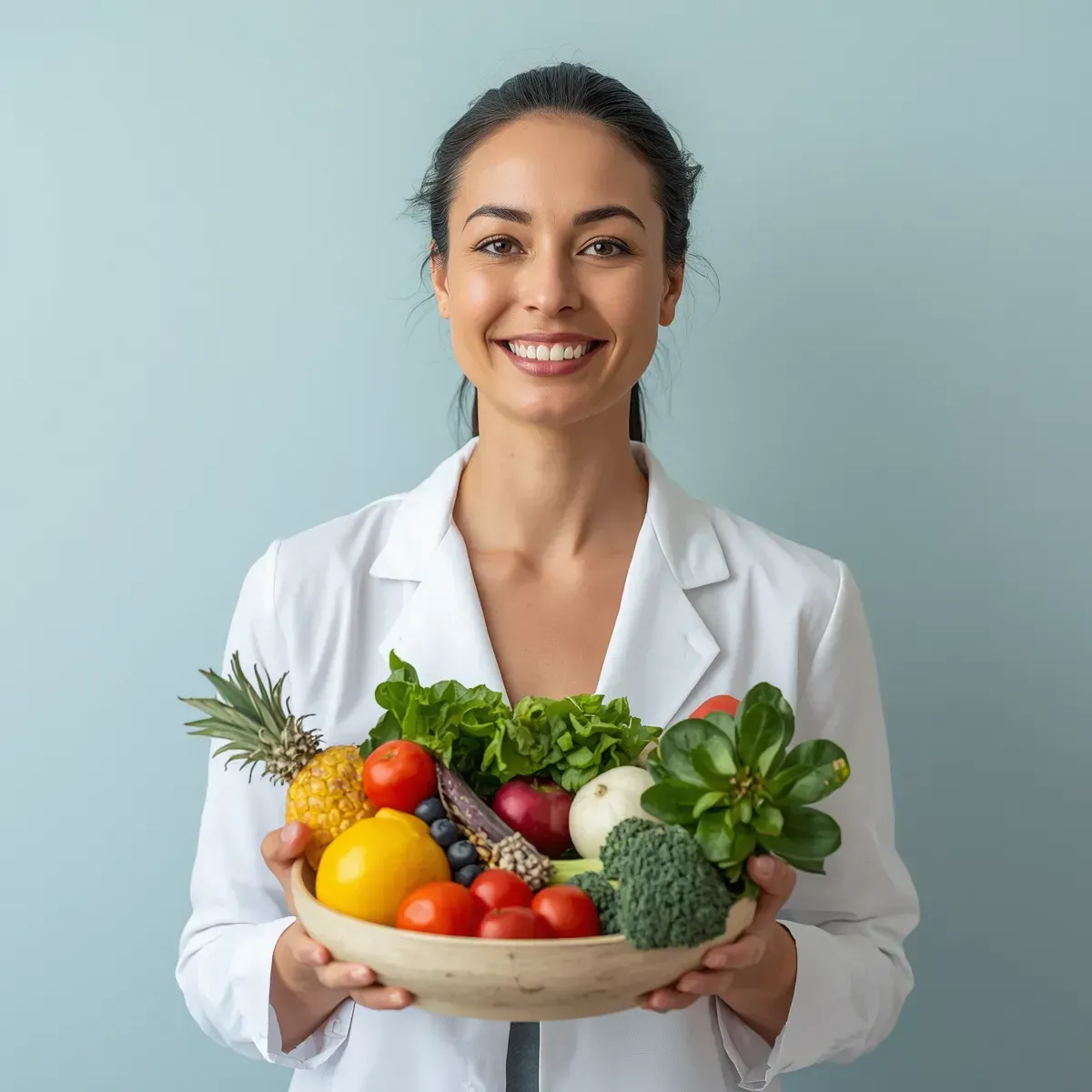 Smiling nutritionist holding a bowl of fresh fruits and vegetables against a light blue background