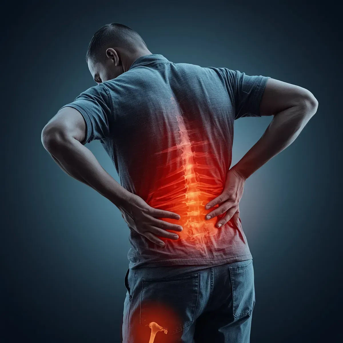 Person holding lower back with glowing red pain area, suggesting back pain or injury.