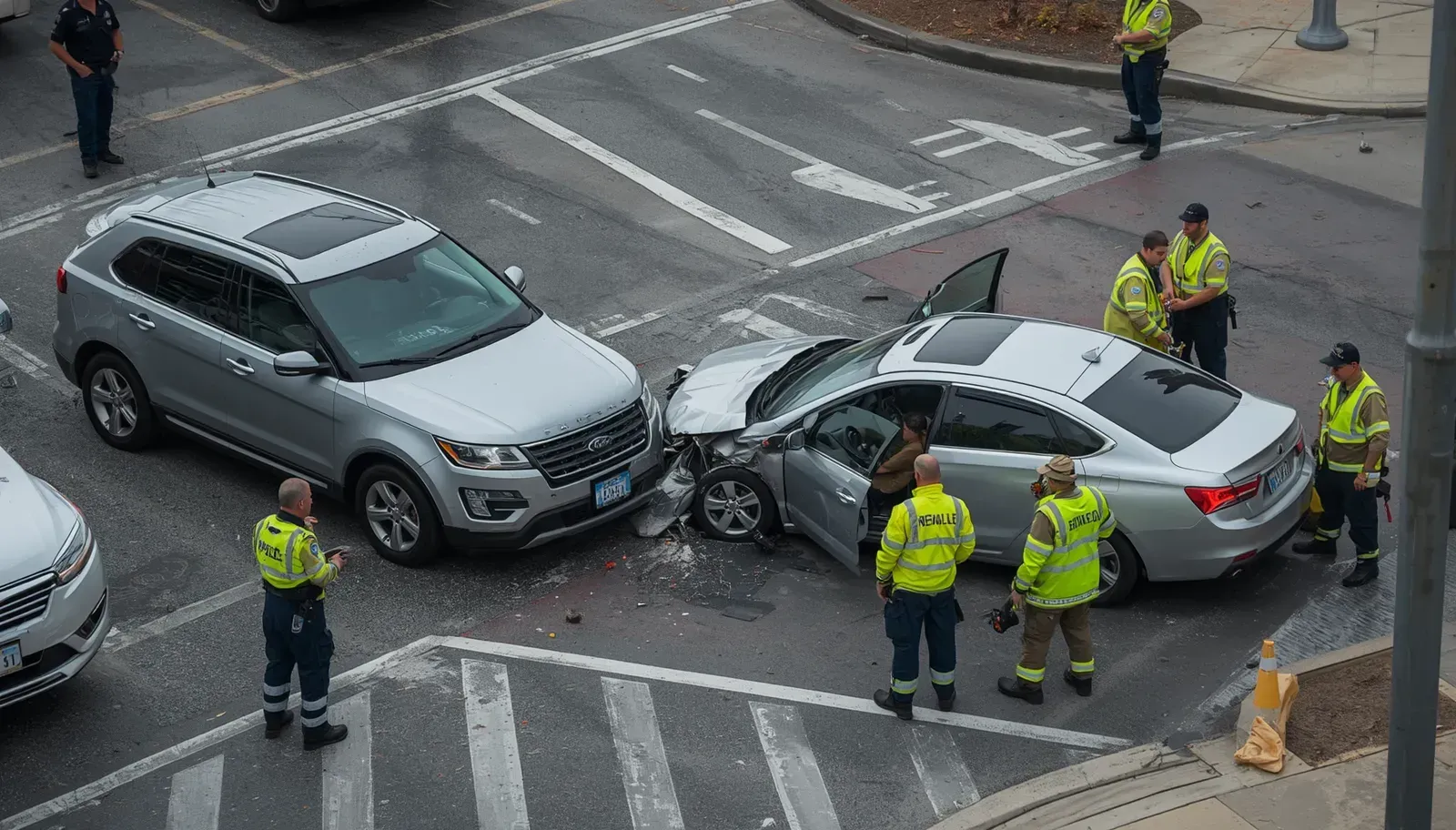 Two damaged cars in a street collision with police officers standing nearby at an intersection