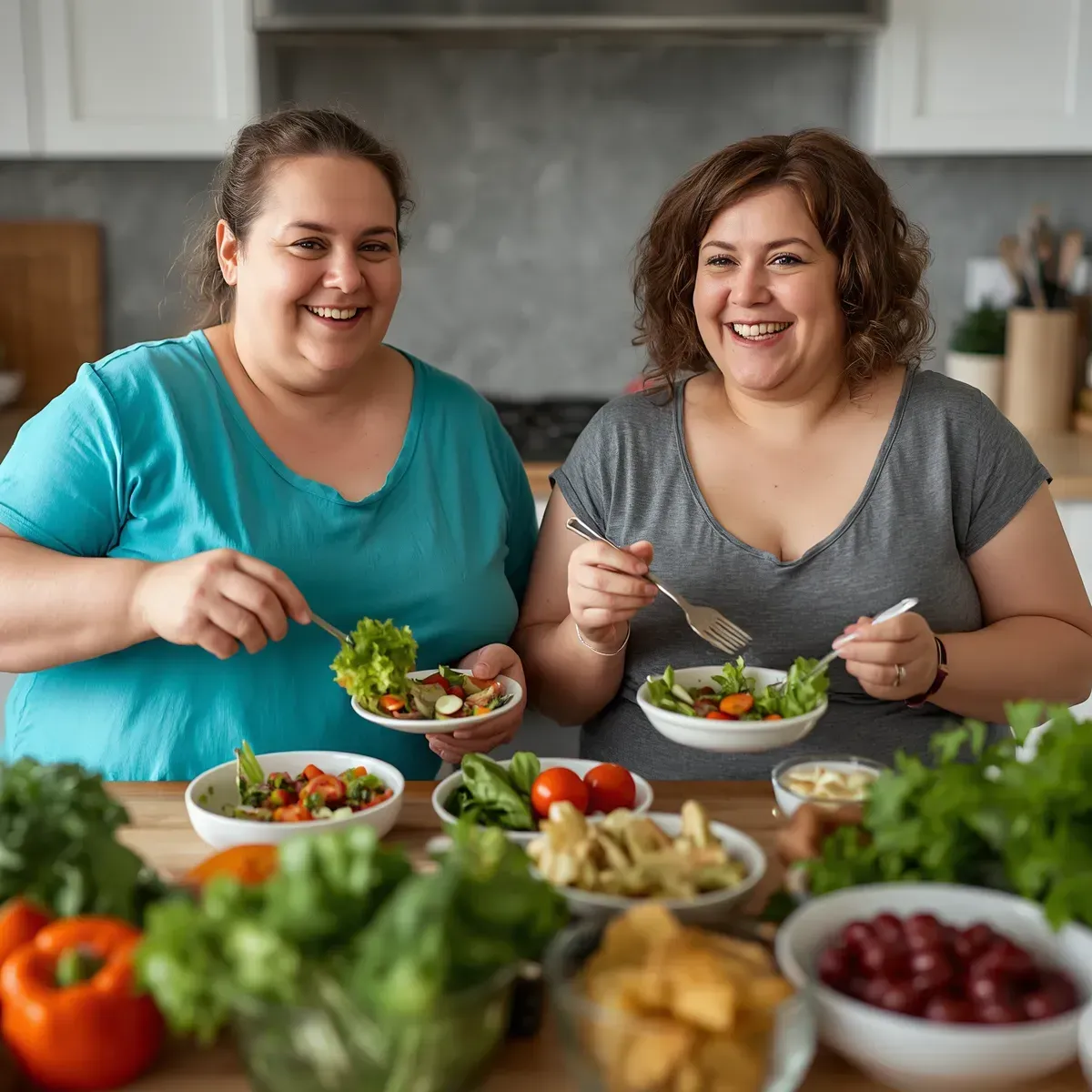 Two people smiling and eating salad at a table with fresh vegetables