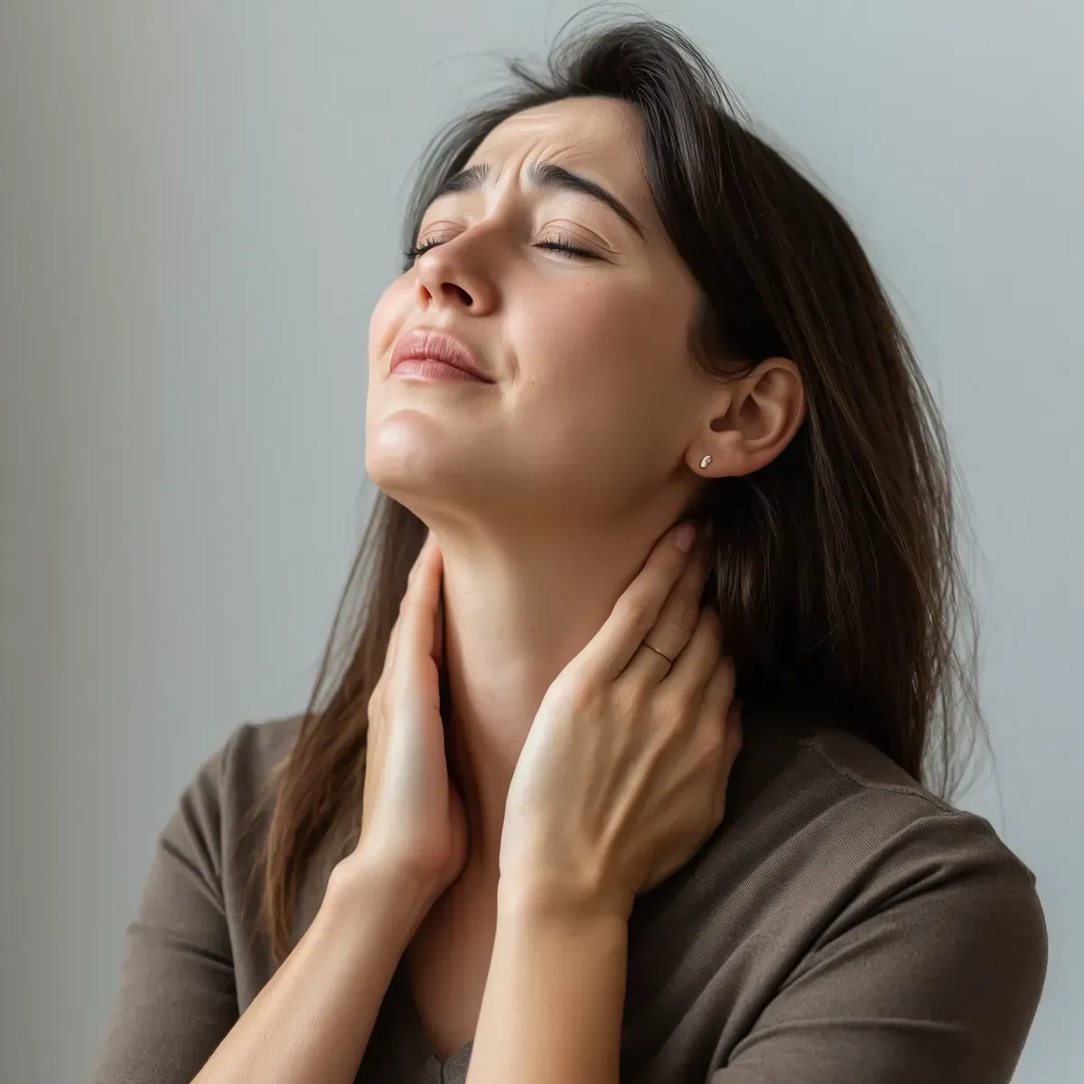 Woman with eyes closed, touching her neck, suggesting throat pain or discomfort