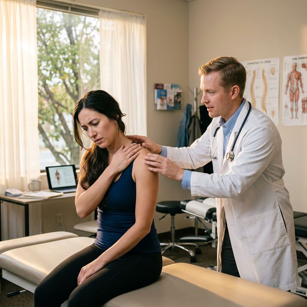 Doctor examining a patient’s shoulder in a bright clinic room