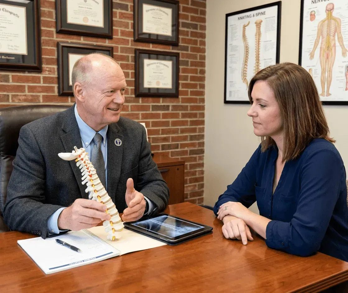 Two people discussing a spine model at a desk in a chiropractic office, with charts on the wall.