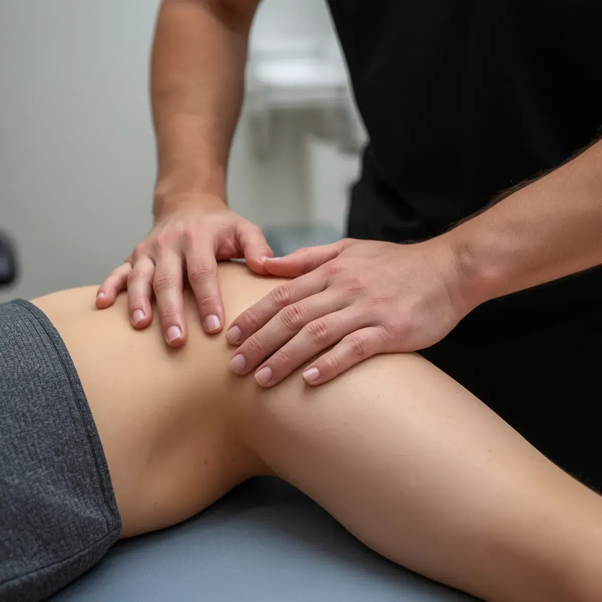 Hands gently massage a person’s leg on a treatment table.