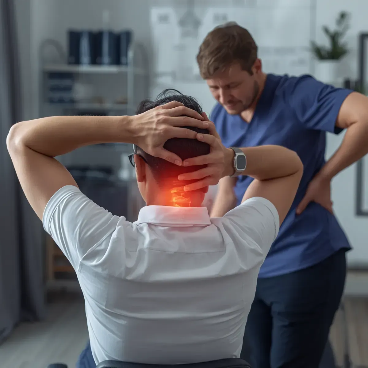 Man clutching his neck while a clinician in blue assists in a clinic office