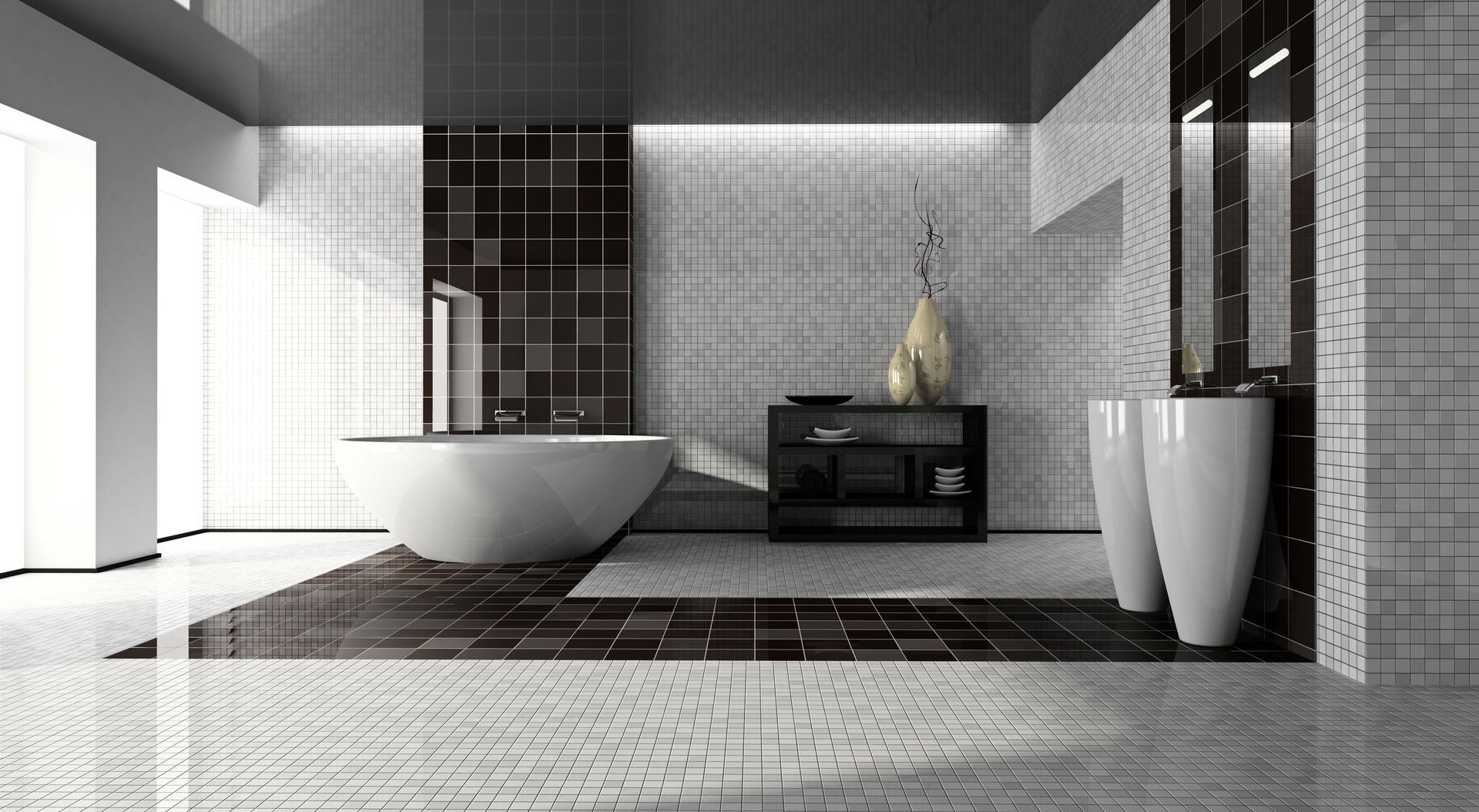 Modern bathroom with white tub, sinks, dark tiled floors, and decorative vases.