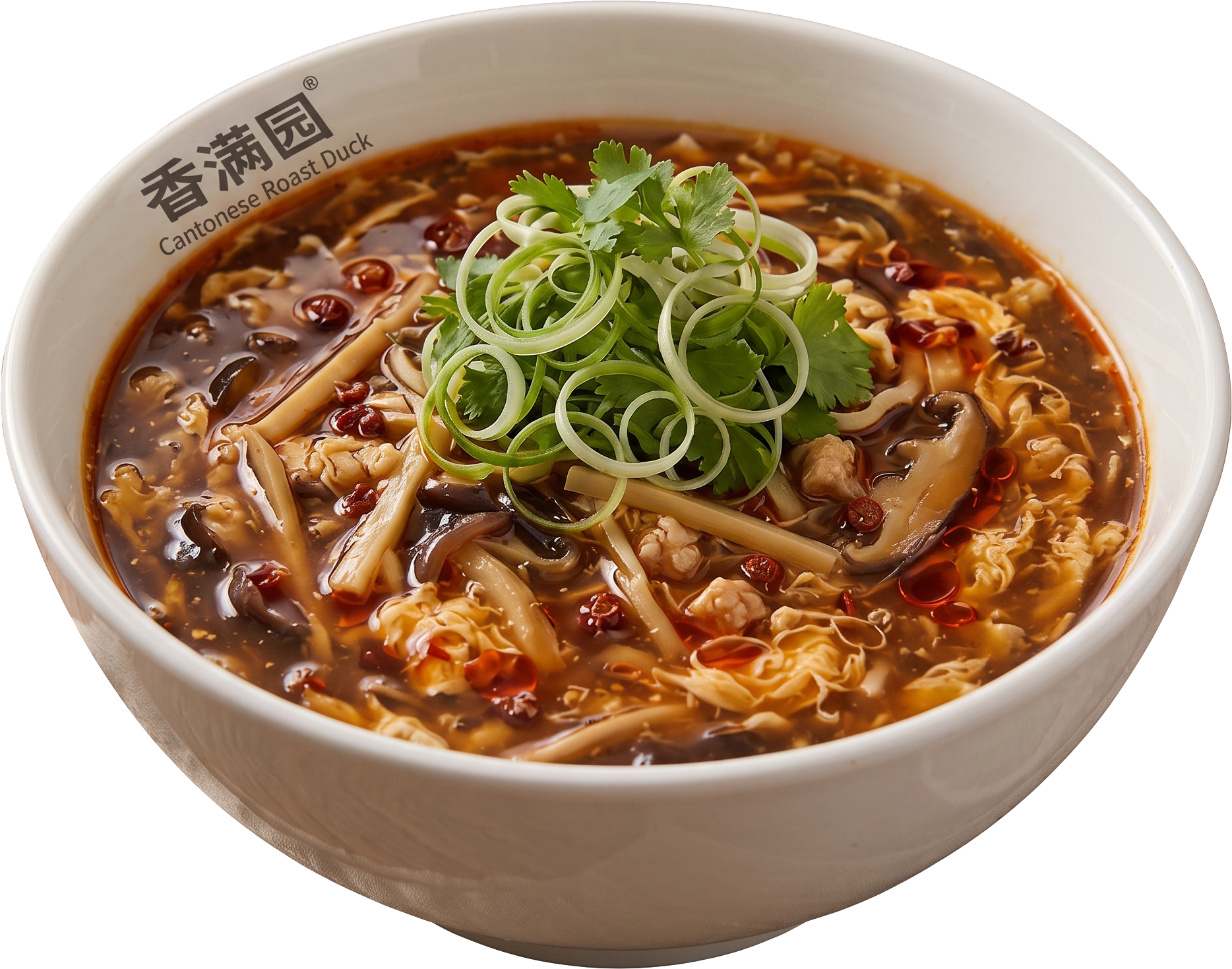Bowl of spicy ramen with green onions, mushrooms, and egg in dark broth