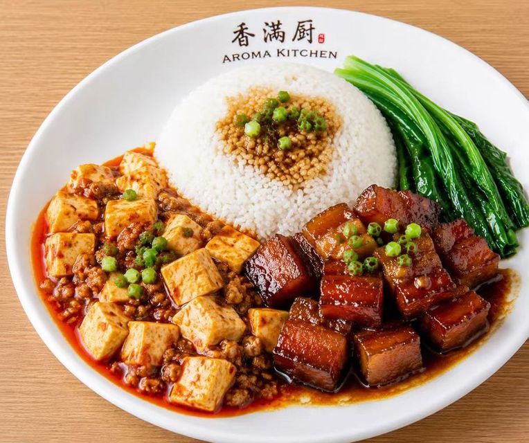 Plate of assorted Chinese dishes with rice, tofu, meat, and green beans on a white plate