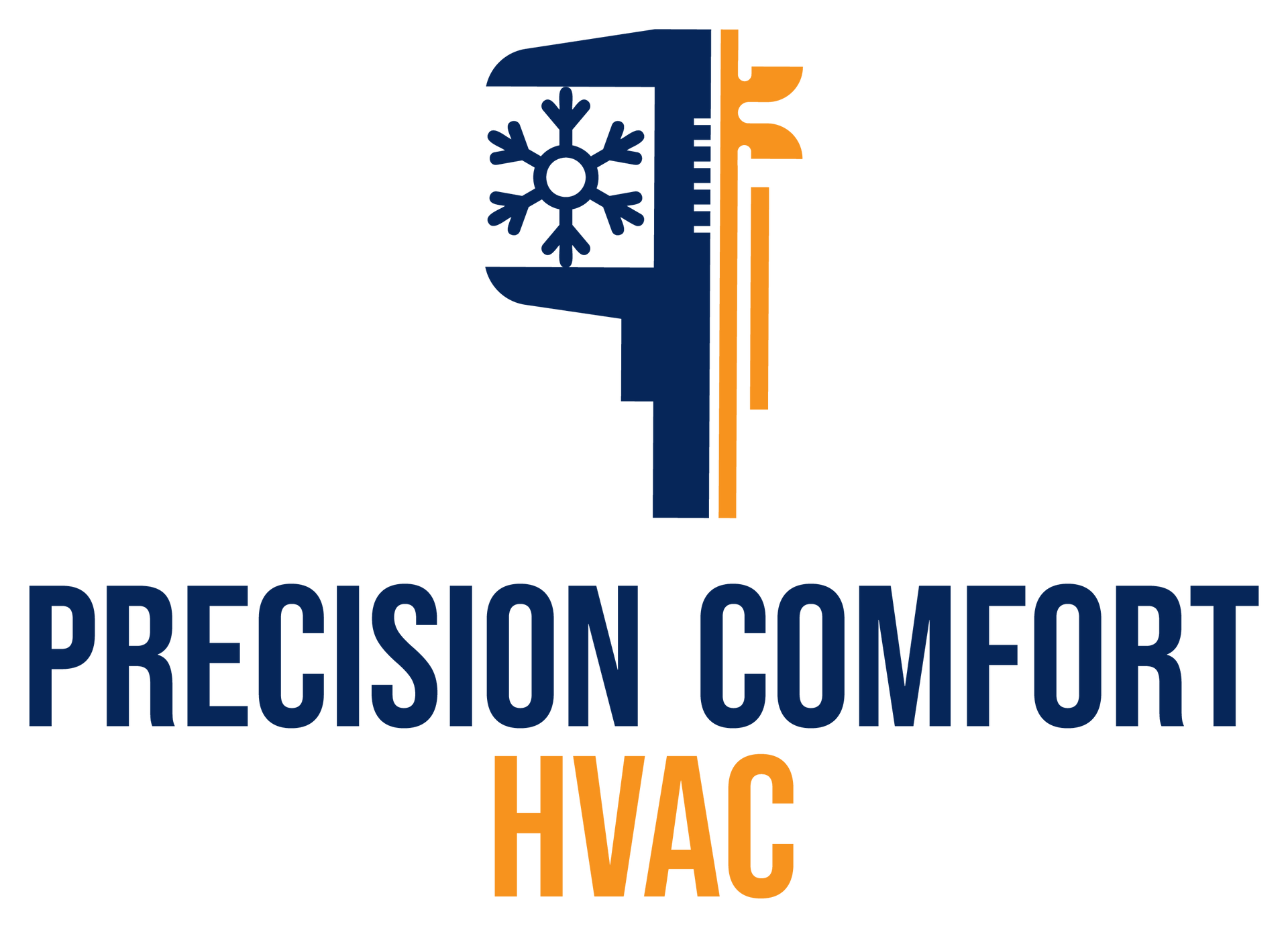 Precision Comfort HVAC logo with blue and orange stylized thermostat and snowflake icon