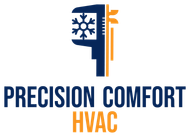 Precision Comfort HVAC logo with blue and orange stylized thermostat and snowflake icon