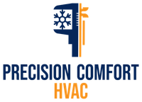 Precision Comfort HVAC logo with blue and orange stylized thermostat and snowflake icon