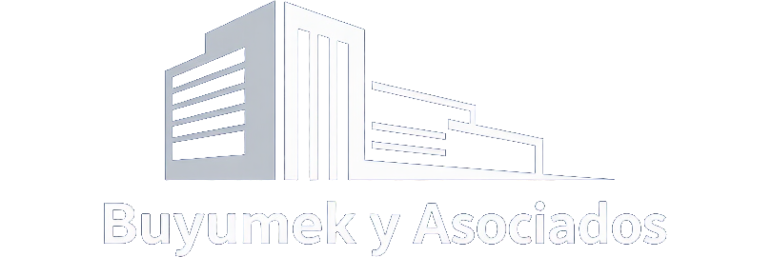 Logotipo de edificio moderno gris con el texto “Buyumeky Asociados”