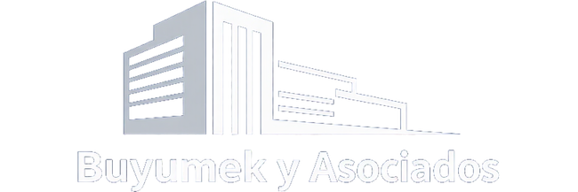 Logotipo de edificio moderno gris con el texto “Buyumeky Asociados”