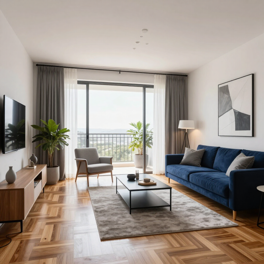 Luminoso salón moderno con sofá azul, televisor de pared, sillón y vistas al balcón a través de puertas correderas de cristal.