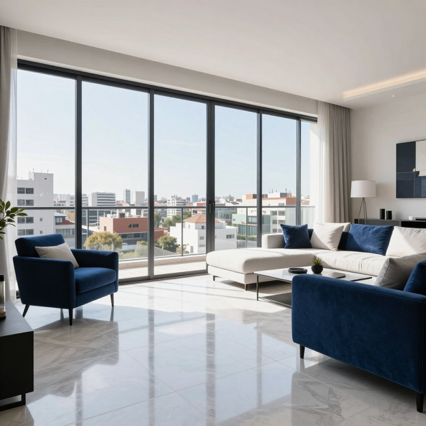 Salón moderno con sillas azules, sofá, suelo de mármol y ventanales que van del suelo al techo con vistas a la ciudad.
