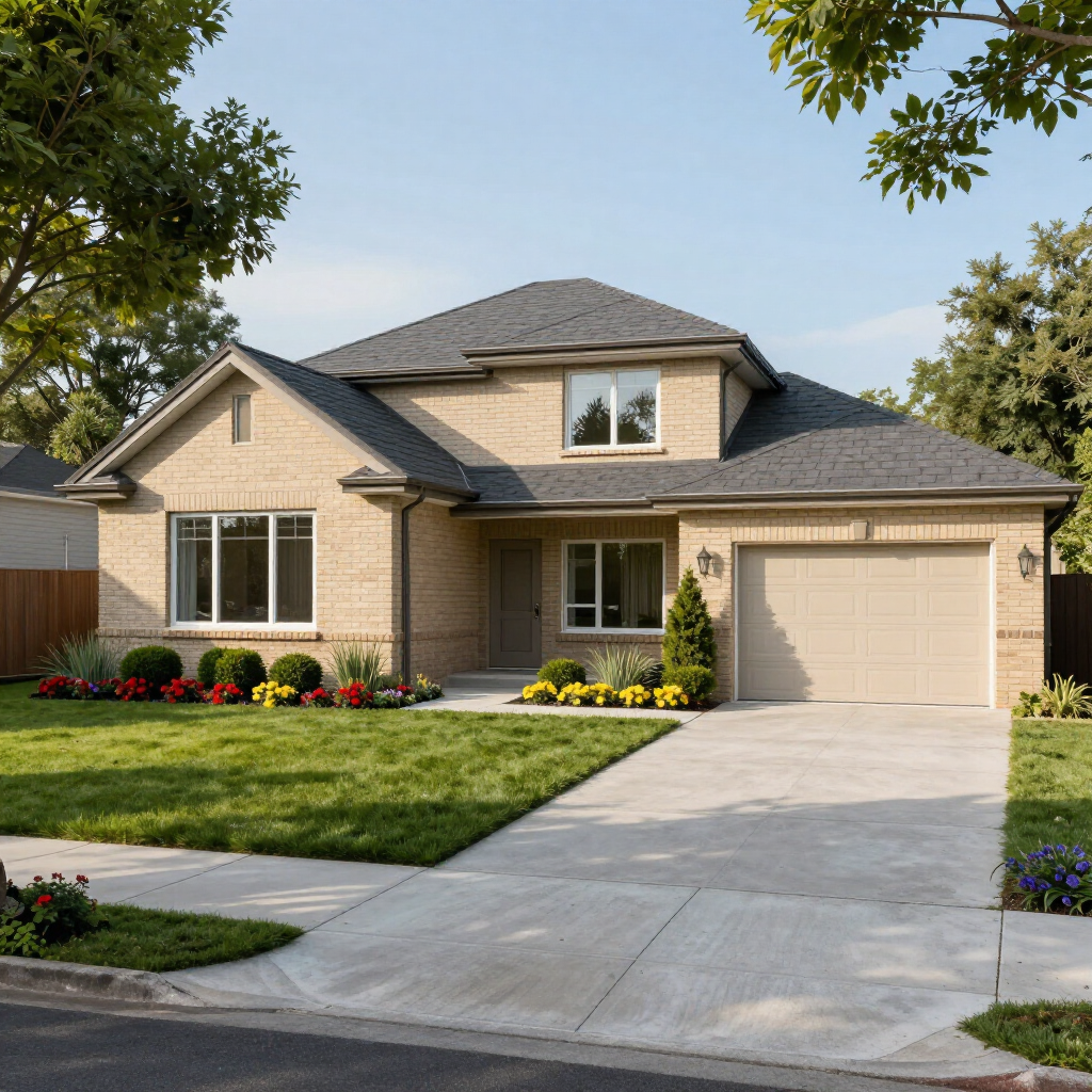 Casa suburbana de ladrillo beige con techo gris, garaje para dos coches y jardín delantero ajardinado en un día soleado.