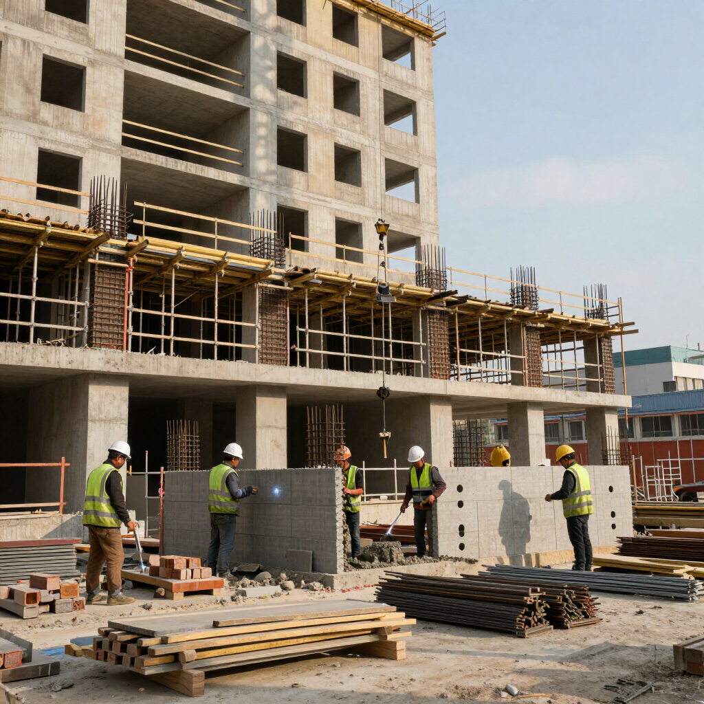 Obreros de la construcción con cascos levantan una estructura de hormigón de varios pisos con andamios y materiales.