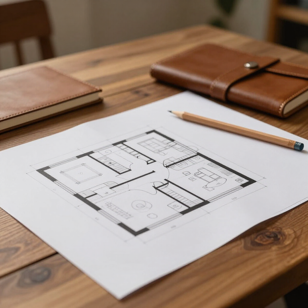 Plano arquitectónico sobre un escritorio de madera con un lápiz y una libreta de cuero.