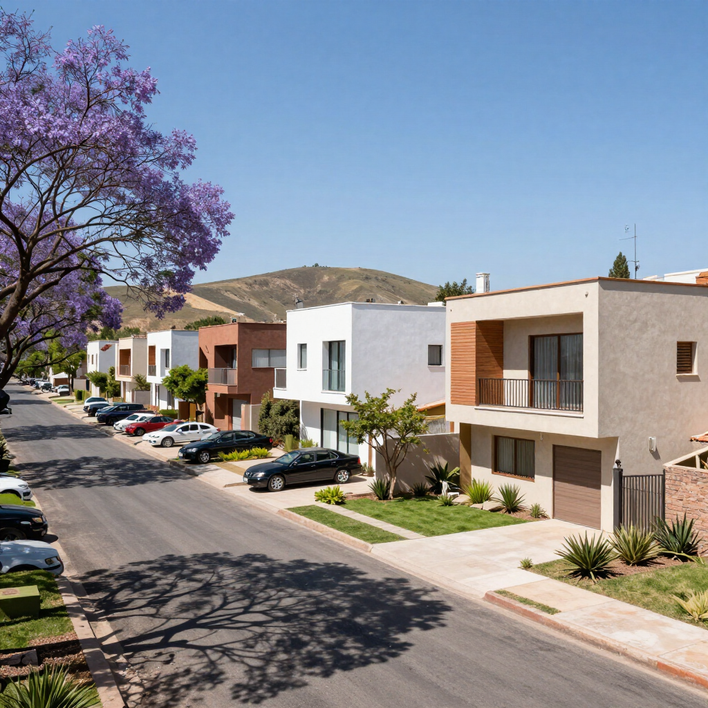 Calle suburbana soleada con casas adosadas modernas, coches aparcados y un árbol de jacaranda púrpura que bordea la carretera.