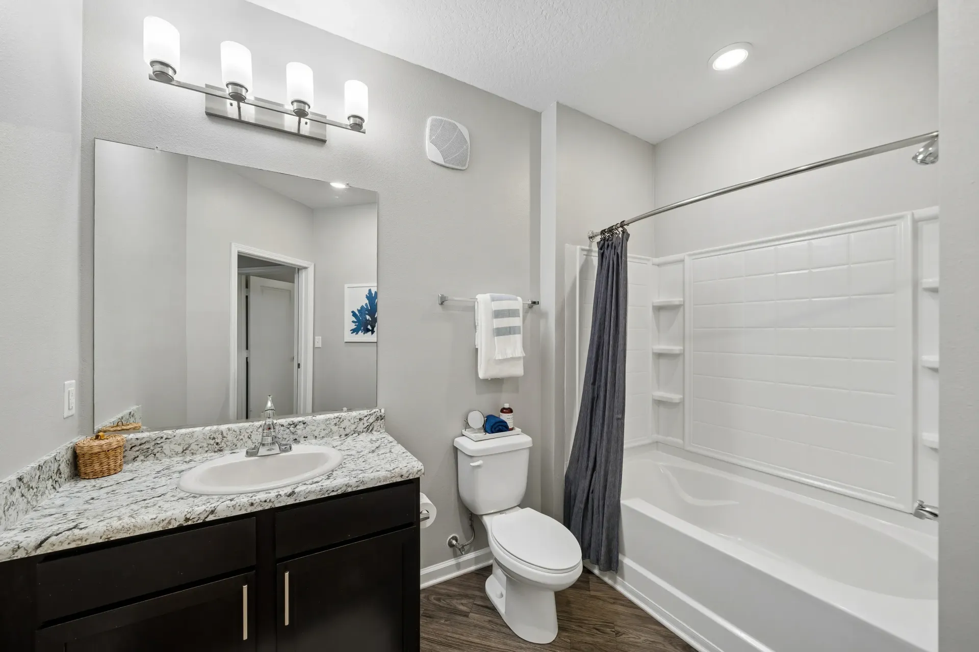 Modern bathroom with vanity, toilet, and bathtub at Atlantic on the Avenue in North Charleston, SC.