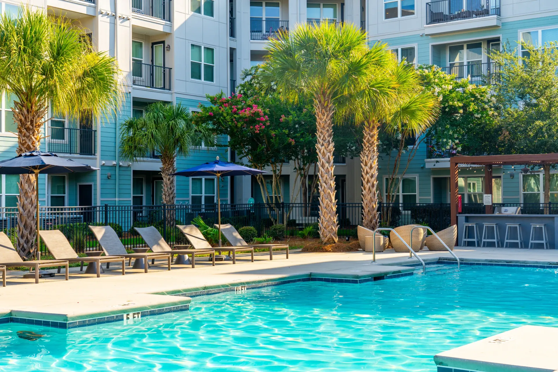 Resort-style pool with lounge chairs and palm trees.