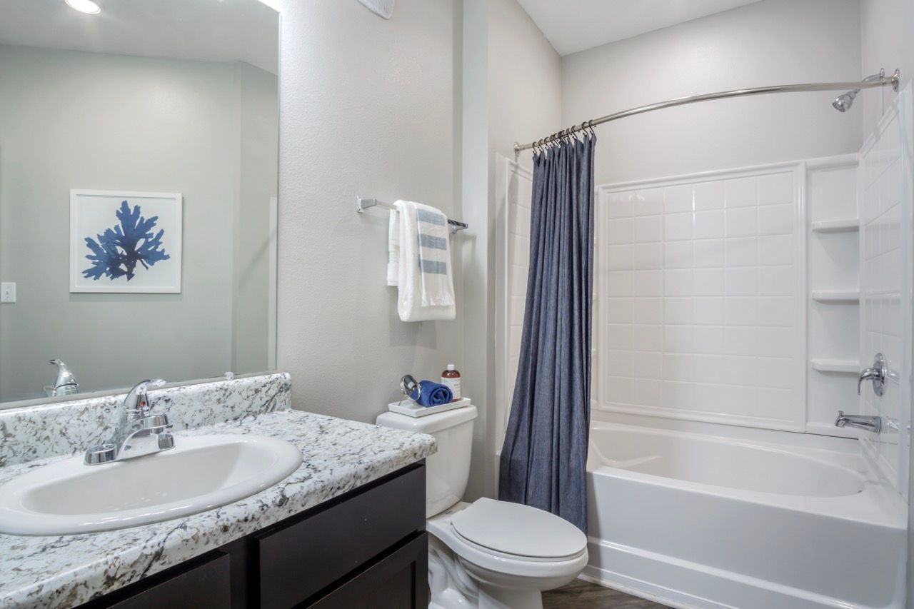 Bathroom with marble vanity, sink, toilet, and a tub/shower with a blue curtain at Atlantic on the Avenue in North Charleston, SC.