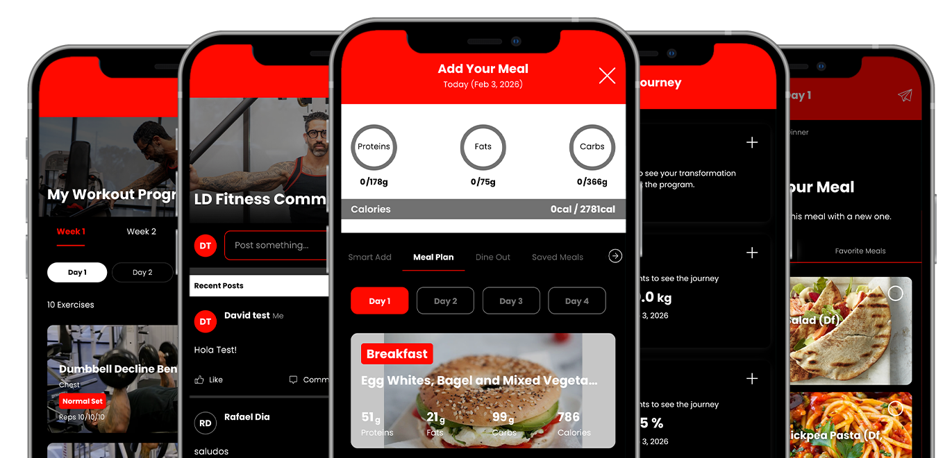 Five smartphones displaying a fitness and diet app interface with red and black design.LD FITNESS - WORKOUT AND NUTRITION