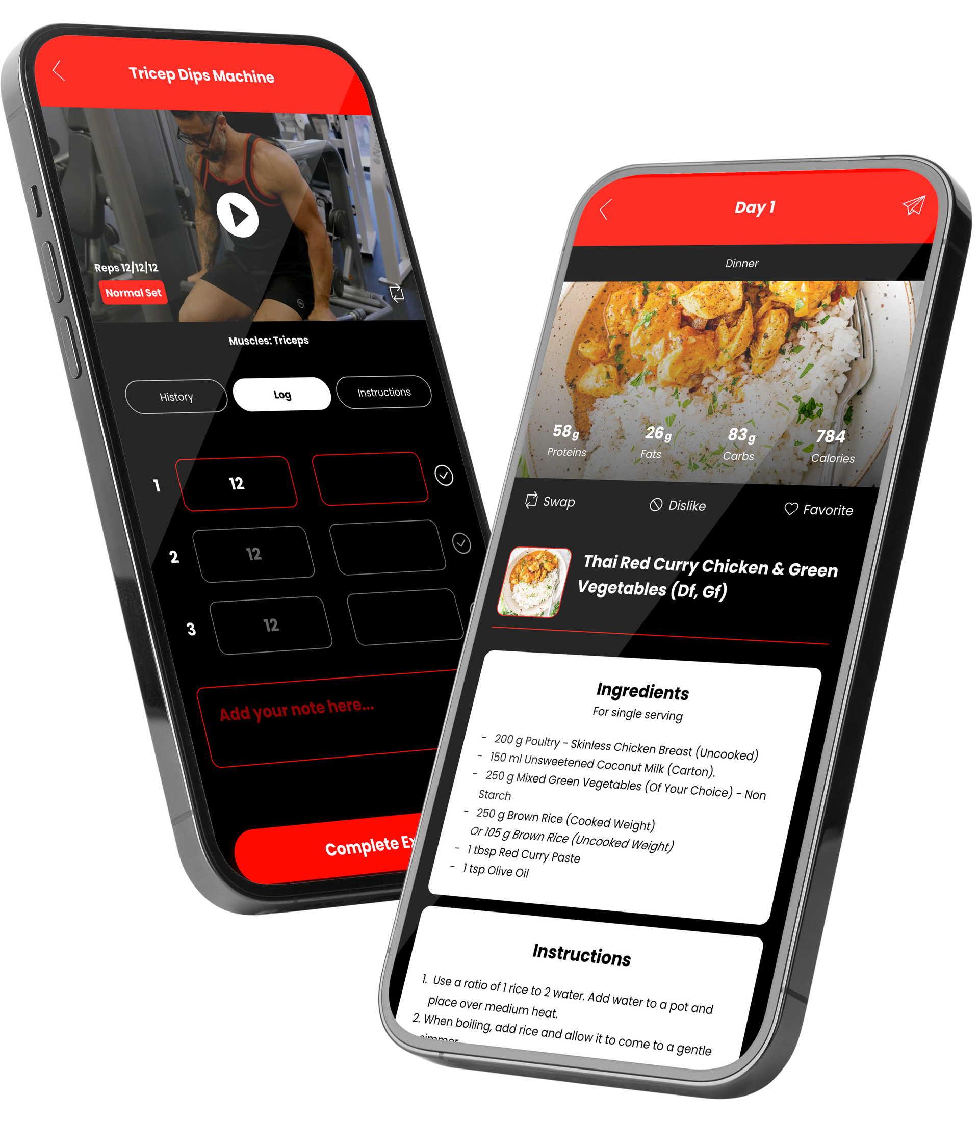 Two smartphones displaying a fitness app with workout video and recipe instructions. Red and black color scheme. LD FITNESS