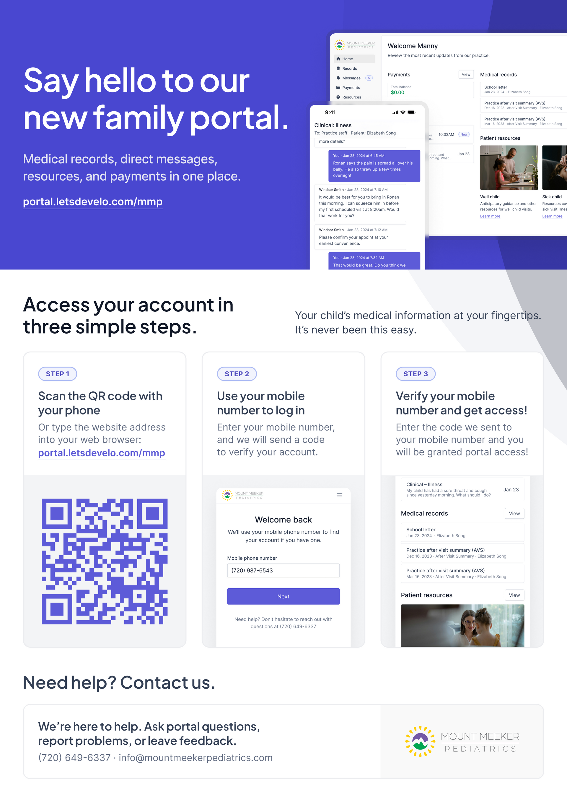 Promotional graphic for a new family portal with QR code, screenshots and simple steps instructions.