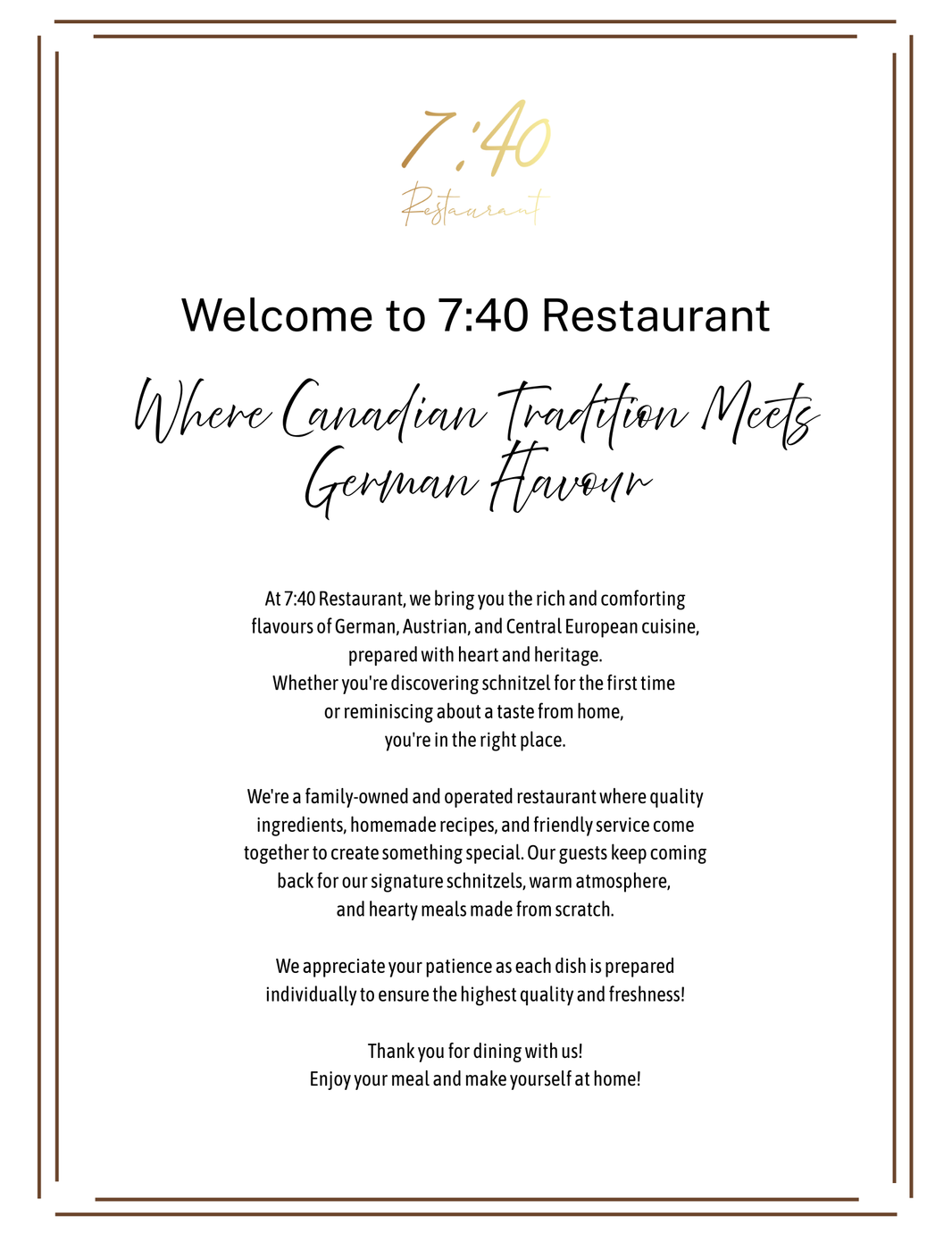 Menu for 7:40 Restaurant. Text states 