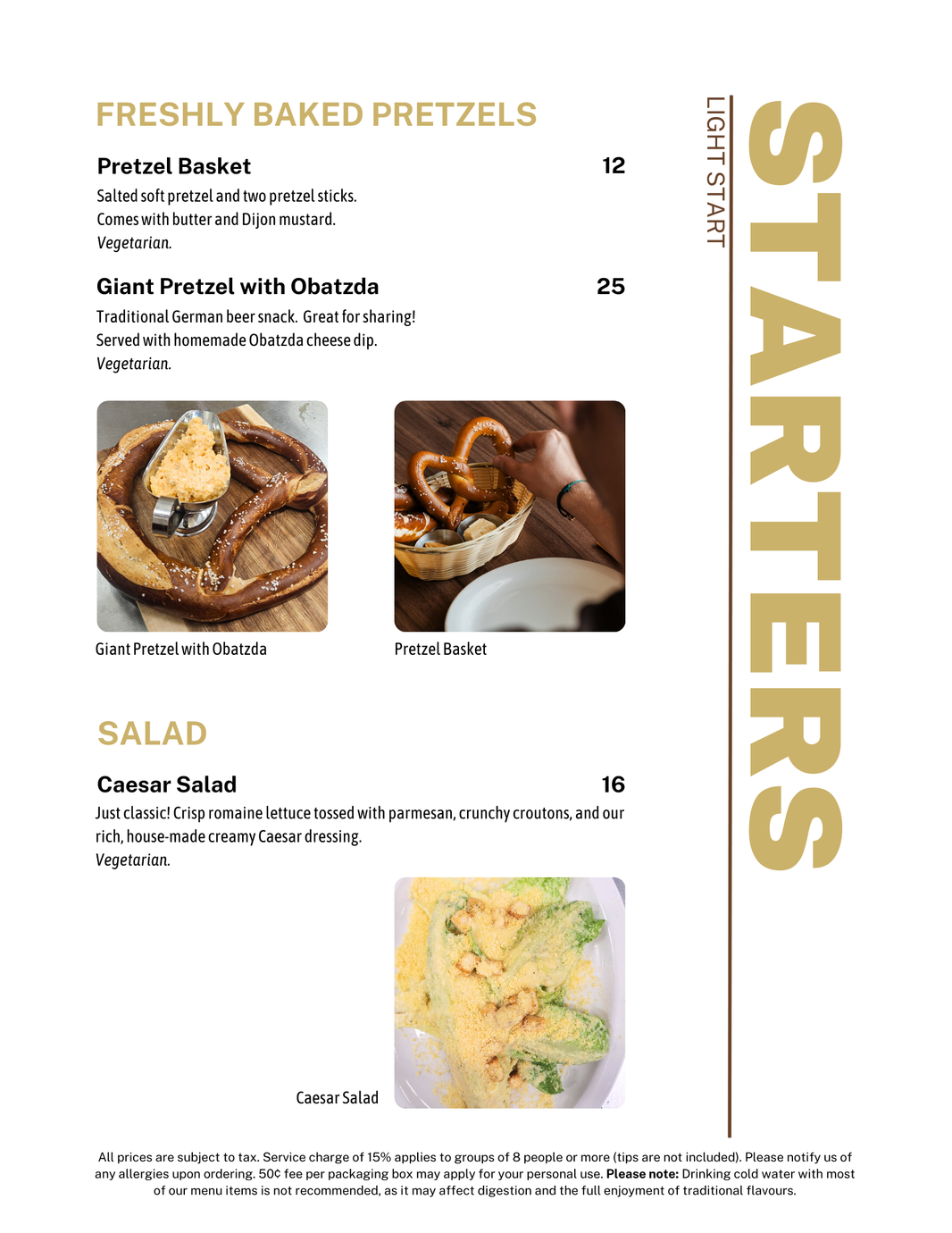 Menu page: Freshly baked pretzels and Gourmet Salad. Includes food photos and prices.