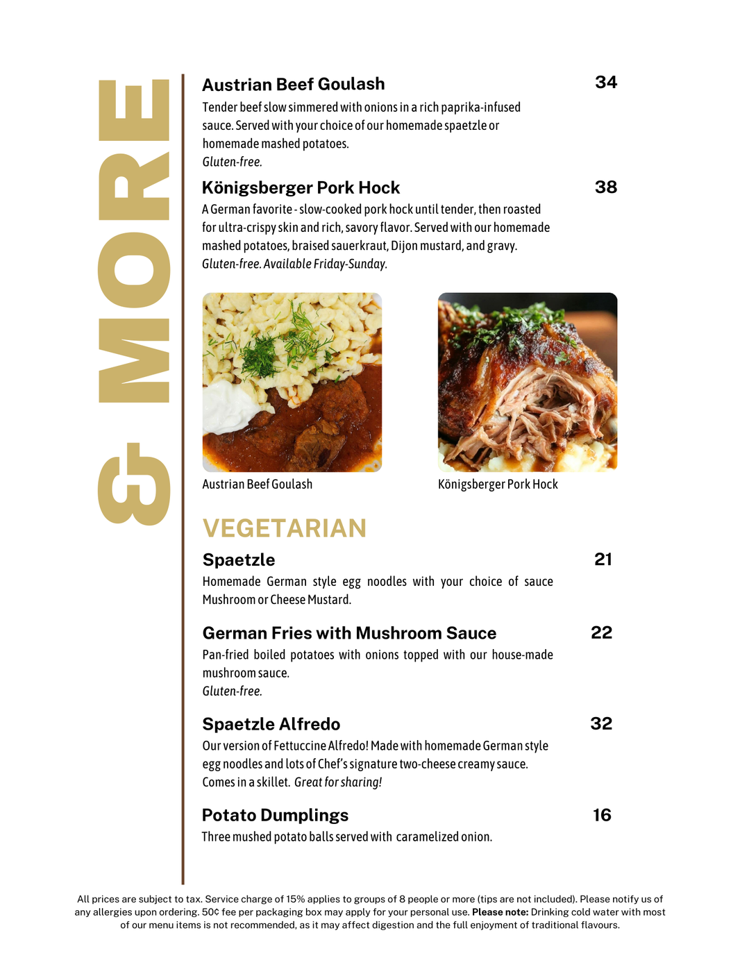 Restaurant menu with dishes like Sauerbraten and Konigsberger Pork Hock, with prices.