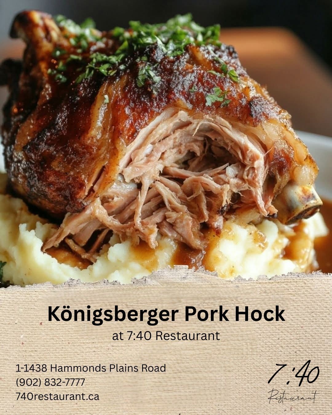 Roasted pork hock with pulled meat over mashed potatoes and gravy, at 7:40 Restaurant.