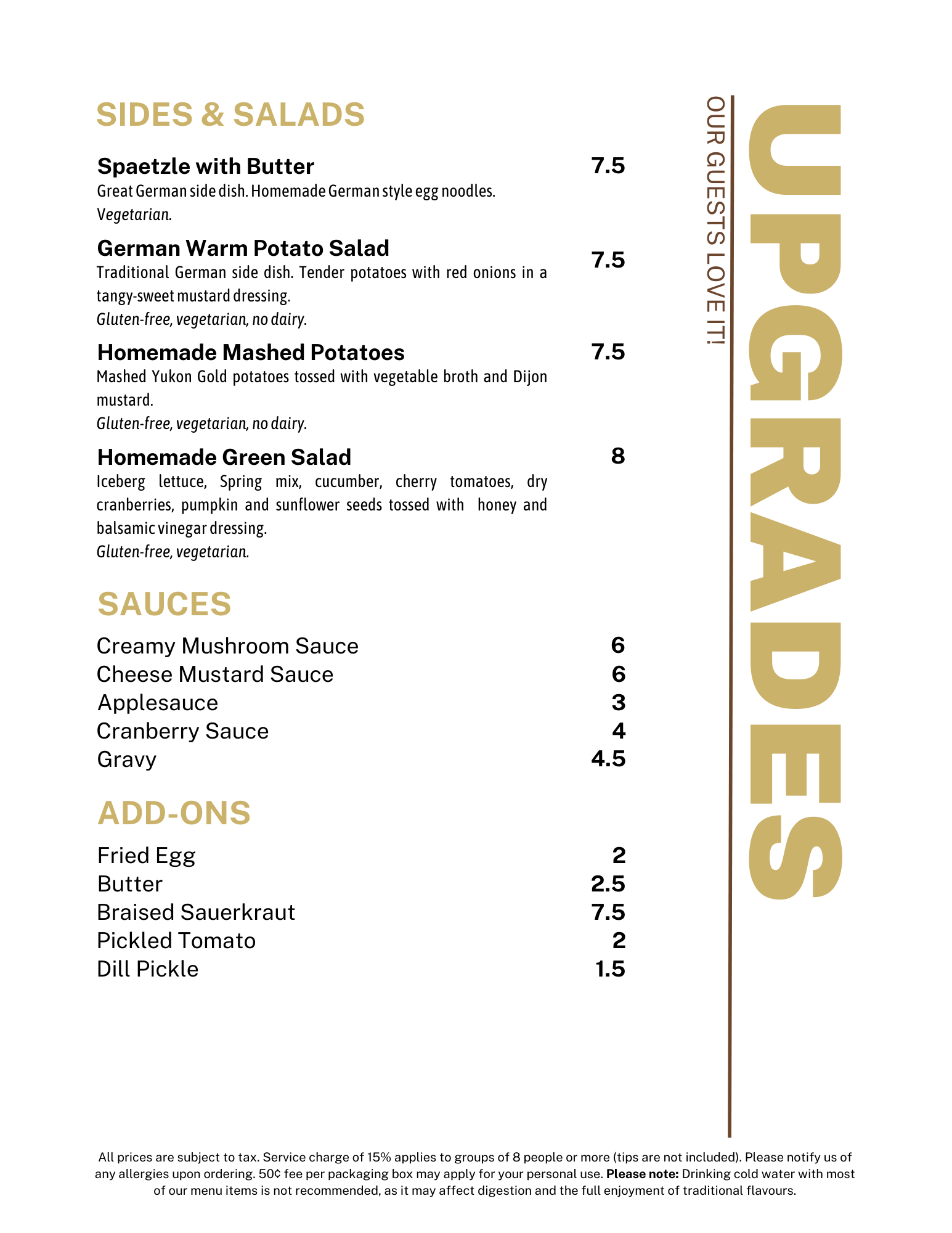 Menu with sides, salads, sauces, and add-ons. The menu includes prices and descriptions.
